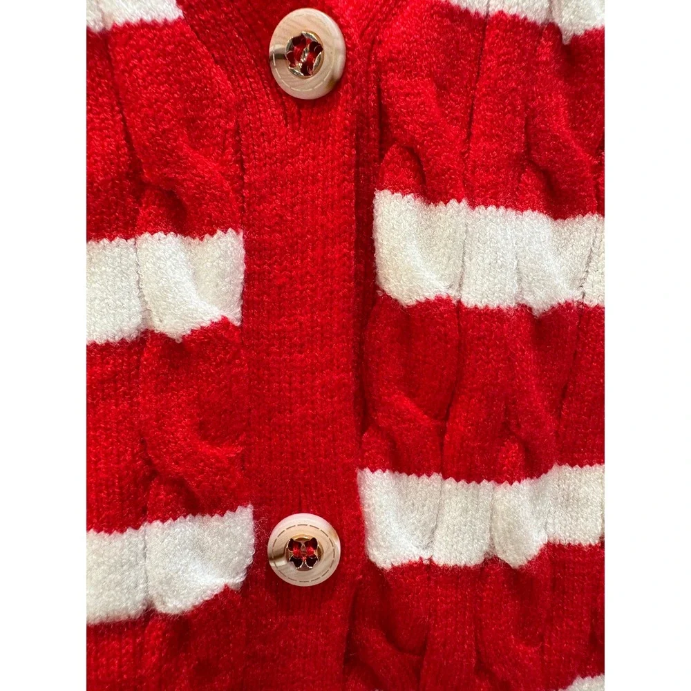 WIHOLL Red White Striped Cable Knit Button Front Sweater Vest V-Neck Large - Picture 2 of 7
